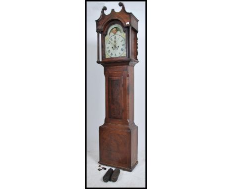 A 19th century West Country painted face moon phase longcase clock by John Bishop of Sherborne. Oak trunk and hood with paint