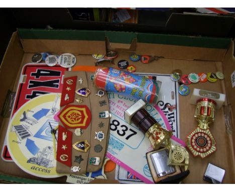 A collection of vintage badges , signs, Ronson lighter and a Russian military cap with badges 