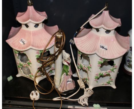 A pair of large Chinese ceramic lanterns 40cm in height, together with a vintage table lamp with figure to base (3). 