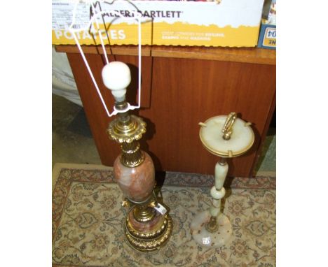 Large Onyx and Brass Ash tray stand (64cm Tall) together with Brass and Agate Table Lamp (68cm to top of fitting) 