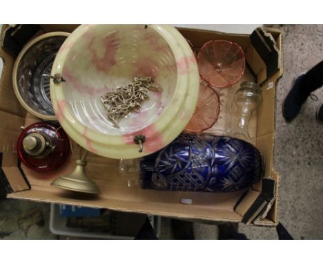 A collection of glassware items to include Bohemian blue flashed vase, silver plated rimmed fruit bowl and a cranberry glass 