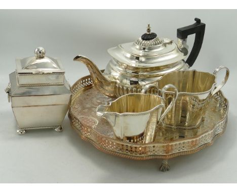 A collection of silver plated items to include tea service, gallery tray, tea caddy etc 