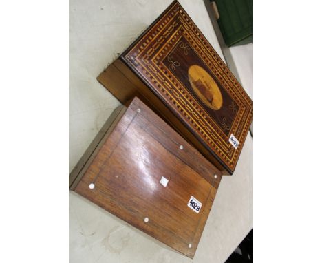 Inlaid mahogany writing slope, together with a mahogany box with mother of pearl inlay. 