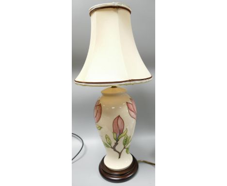Moorcroft Pink Magnolia on Cream Ground lamp base with shade, height to fitting 29cm 