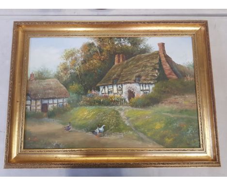 Gilt framed Oil on Canvas depicting a country side scene - Signed lower right- 'K. Stevens' Overall size, 91x65cm 