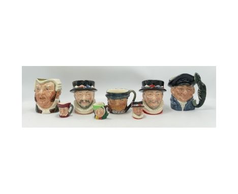Royal Doulton Small Character jugs to include Beefeater, Lobsterman, BuzzFuzz, Beefeater in lighter colour, Tony Weller &amp;