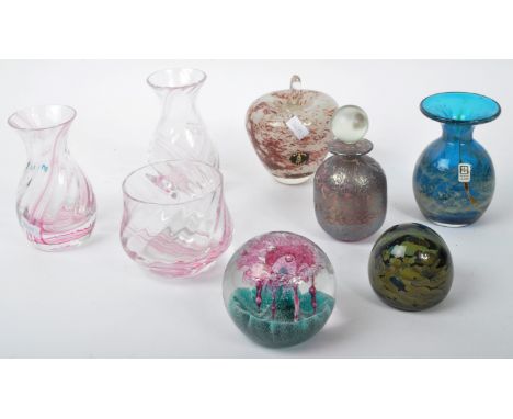 A collection of vintage 20th century studio art glass. Including Mdina example small flared vase, Maltese mottled scent bottl