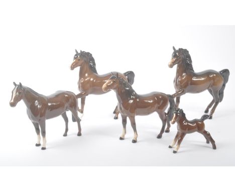 John Beswick - A collection of five vintage 20th century porcelain china horse figures. Various sizes, in brown colourway wit