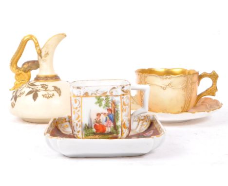 Royal Worcester - late 19th early 20th century porcelain china cup and saucer. Gilt saucer with further gilt rim / edge. reg.