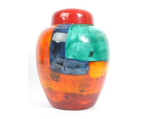 Poole Pottery - A large contemporary ceramic pottery ginger jar. Of bulbous form with red lid / cover in polychrome colours. 