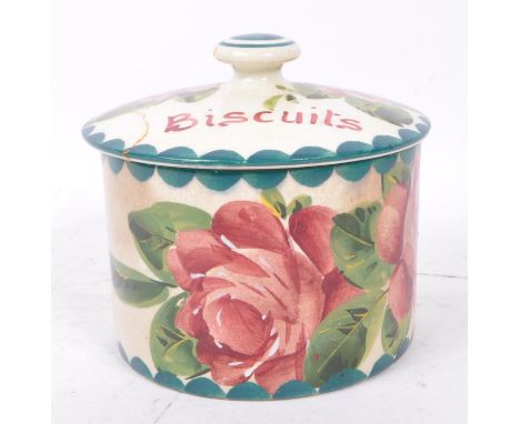 Wemyss - A 20th Century porcelain china lidded circular biscuit pot with pink floral cabbage rose decoration and teal blue bo
