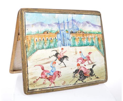 A 1950s Persian enamelled cigarette case. The case having figural vignette to lid with figures playing chovgan amongst palace