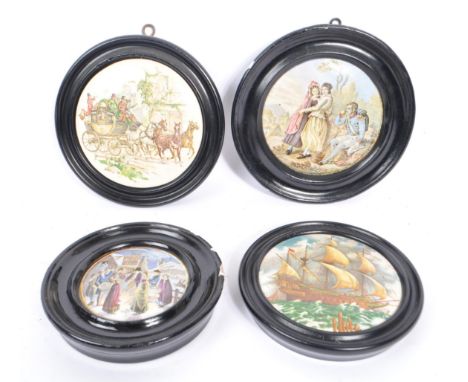 Four 19th century Victorian Prattware ceramic pot lids. All of circular form with various transfer print illustrations, marit