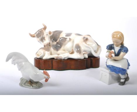 Royal Copenhagen - Danish Design - A collection of vintage porcelain table ware ornaments. Comprising of a cow with calf on a