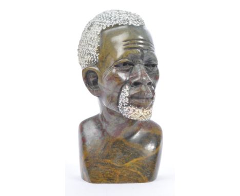 A vintage late 20th century African stone soap carving of a male bust. Measures 15cm tall.&nbsp;