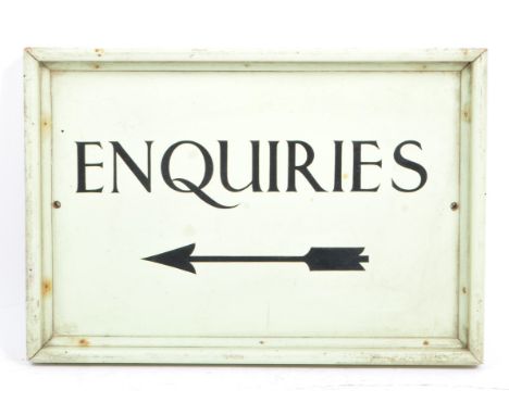A vintage 20th century painted shop / reception sign. Of rectangular form with black font reading 'Enquiries' with arrow poin