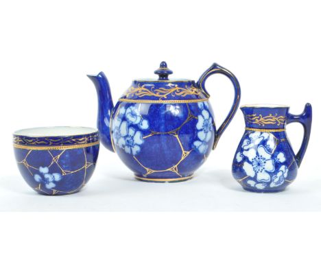 A late 19th Century Victorian aesthetic three piece porcelain tea service believed to be Macintyre &amp; Co pottery. To inclu