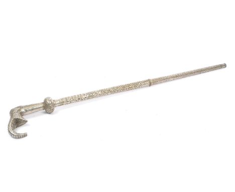 A vintage 20th century Indian white metal swagger / walking stick cane in the form of an elephant. With repeating textured pa