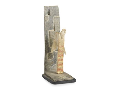  JOHN MALTBY (BRITISH 1936-2020) ANGEL AND TOWER signed and dated (to base), impressed maker's seal, stoneware on wooden base