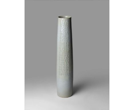  RUPERT SPIRA (BRITISH 1960-) CYLINDER 'POEM' VASE, 2004 impressed maker's seal, stoneware with pale celadon glaze and emboss