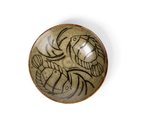  CHARLES VYSE (BRITISH 1882-1971) FOOTED BOWL, 1935 signed and dated VYSE 1935, stoneware, with a wax resist fish design 6cm 