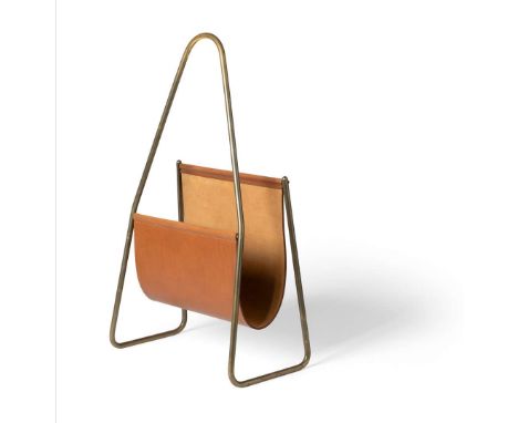  CARL AUBÖCK (AUSTRIAN 1900-1957) MAGAZINE RACK, 1950s model 3808, brass and leather 50.7cm high, 30cm wide, 15.5cm deep (20i