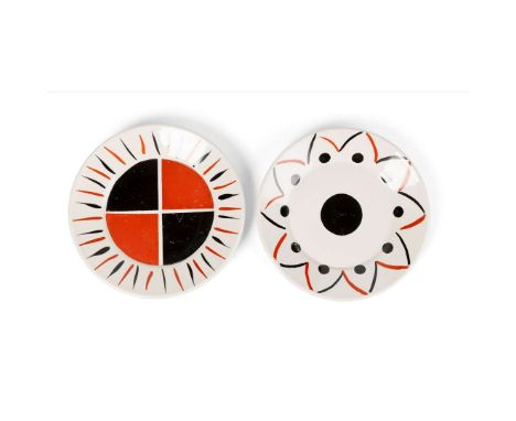 SIR TERRY FROST (BRITISH 1915-2003) BLACK SPOTTED PLATE AND RED, BLACK &amp; WHITE PLATE, c.1978 each with impressed manufact