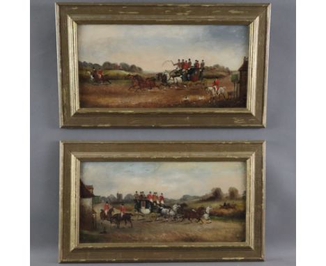 Englische/r Genremaler/in (tätig um 1900) - Zwei lebhaften Szenen mit Postkutschen und Reitern an Raststationen, Öl auf Leinw