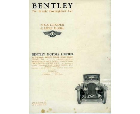 Bentley - Six Cylinder 6 1/2 Litre Model. Probably Bentley's first six cylinder leaflet No 9 dated August 1926,  8pp. includi