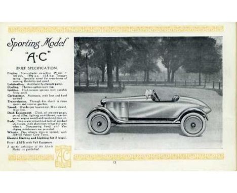 Auto-Carriers Ltd. A 1922 petit 'abridged' 16pp. catalogue for the AC Light Car outlining the specifications for the All-Weat