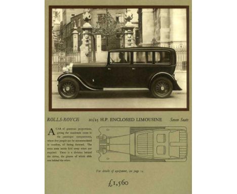 Rolls-Royce 20-25hp. A circa 1934 36pp. large format cord-tied brochure with a single-fold chassis line drawing,  good line d