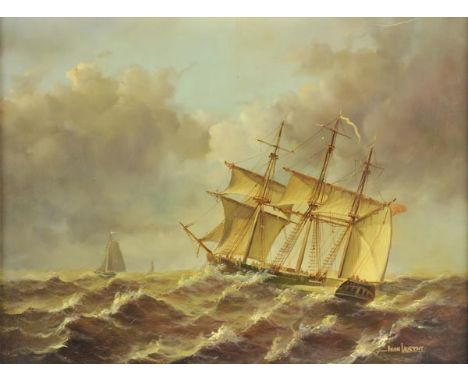 *Laurent (Jean, 1816-1886). A three-masted ship and two sailing boats in rough sea, circa 1870,  oil on panel, signed in bloc