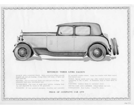 Beverley 22-90hp. A 12pp. landscape style brochure for this 2956cc 'Straight Eight' motor-car circa 1930,  illustrating the e