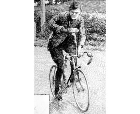 *Patterson (Frank). 'A Time-trial in Private',  a vertical format drawing, tinted with blue pencil, depicting a cyclist mount