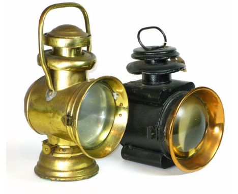 *A motor-car oil-powered lamp, being a Duco style, off-side fitting with all component parts,  lacquered brass finish, also, 
