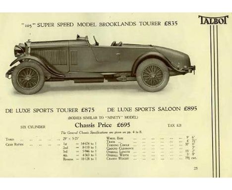 Talbot - The Invincible. March 1932, a petit booklet outlining in 32pp. the models, Sixty-Five, Seventy-Five, Ninety, Ninety 