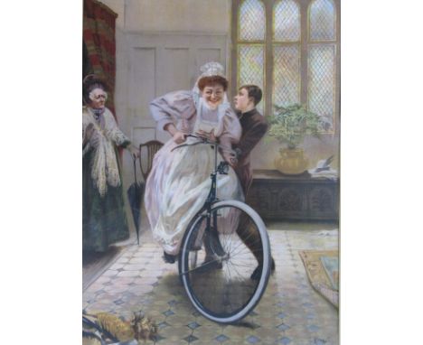 *What Next, an 1897 colour lithographic print depicting the maid and a boot boy having fun with a bicycle, after the original