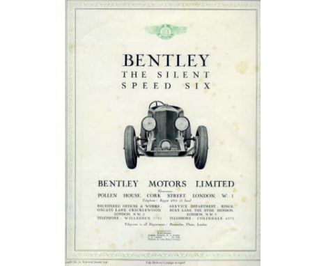 Bentley Speed Six - 1930. A large format 'The Silent Speed Six' Leaflet No 31, dated January 1930,  possibly the first Speed 