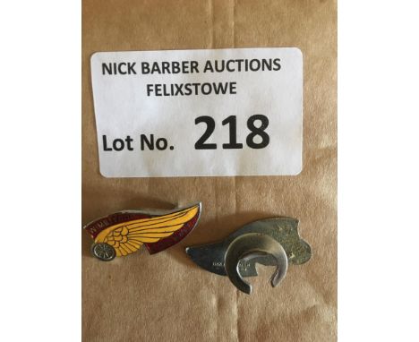Speedway : Wimbledon pre war badge winged wheel pin &amp; button hole - silver - maker Denton &amp; Downs - London good cond 
