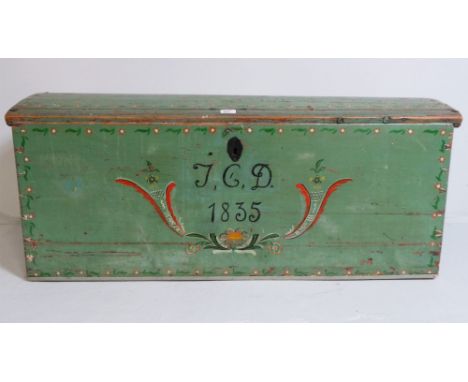 A 19th Century green painted pine domed trunk, with handpainted foliate and written detailing