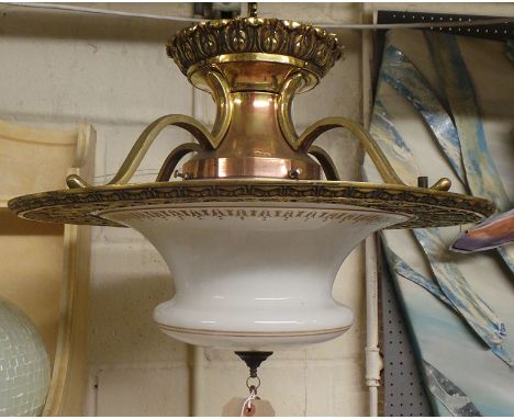 A fine 1920s Art Nouveau having ceiling light, the ornate brass gallery having gilt decorated opaline glass shade, H.50cm x D