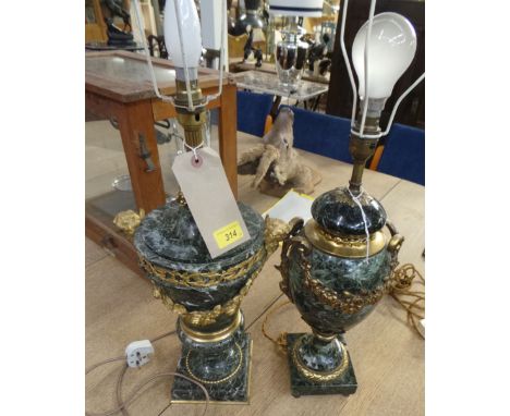 A matched pair of 19th Century green and grey variegated marble cassolette lamp of urn form with ormolu mounts of swag and hu