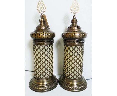 A pair of Islamic design pierced satin brass table lantern lamps (2)