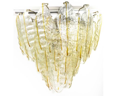 Chandelier, from the 70s. With Murano galss leaves shaped. Golden metal structure. H CM 80X63  