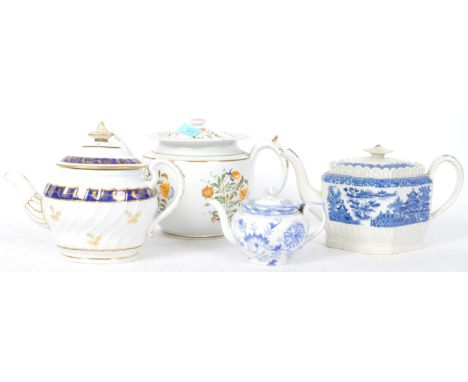 An assortment of 18th century George IV and Victorian 19th century teapots to include a pearl ware faience type teapot circa.