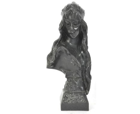 A vintage 20th century resin bust statuette sculpture in the form of a Pre-Raphaelite maiden raised on plinth base. Measures 