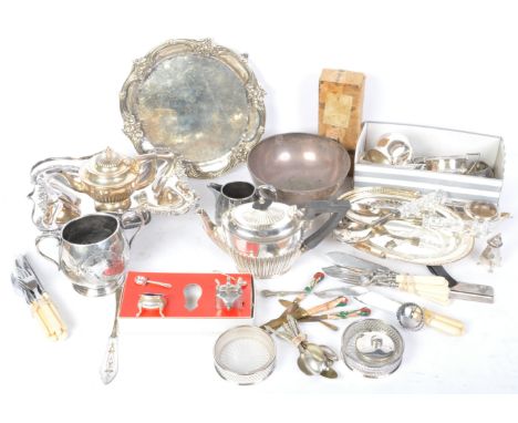 A collection of retro vintage mixed silver plate to include; teapot, serving bowl, cutlery, jugs. handled dish, and more. Ser