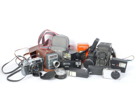 A collection of retro vintage 20th Century camera and equipment. To include; Nalcom video camera, Rolleicord, Miranda multi-d