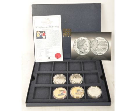 A collection of three 20th century British proof silver 2015 £5 five pound coins commemorating Queen Elizabeth II. Together w