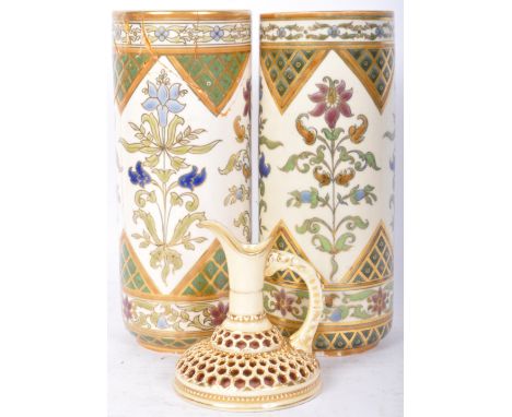 An early 20th century circa. 1910's Hungarian Zsolnay Pecs Art Nouveau ewer vase with a pair of vases. The jug having pierced